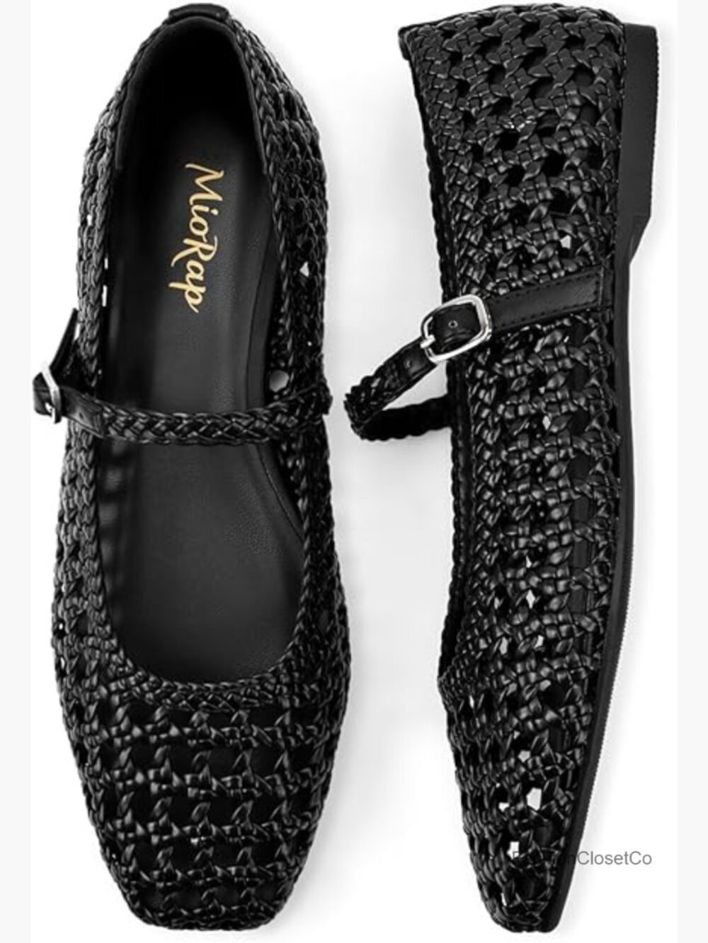 Woven Mesh Mary Jane Flats Square Toe Ballet Shoes Adjustable Strap Dressy